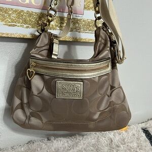 Coach Poppy Gold and Beige Signature Two Way Daisy Tote Bag
